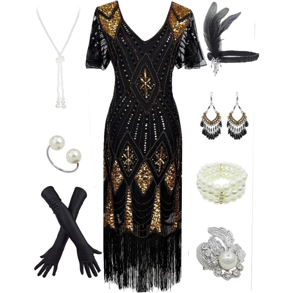 Women's Satin Flapper Dress Sequin Beads Fringe 1920s Gatsby Inspired